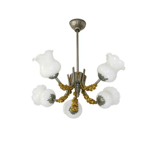 Metal Vintage Art Nouveau Style 5-Light Chandelier, 1950s For Sale - Image 7 of 7