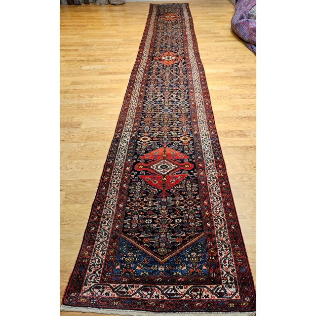 Persian Vintage Persian Malayer Runner Rug, Hand-Knotted Wool, Geometric Pattern, 3x20, Navy & Red For Sale - Image 3 of 14