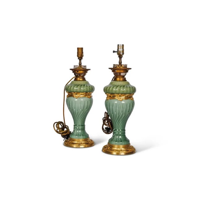 French A Suite of Four Theodore Deck Ormolu-Mounted Celadon Green Porcelain Lamps For Sale - Image 3 of 10