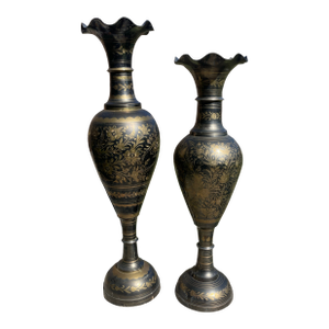 Pair of Vintage Black and Gold Brass Etched Enamel Vases