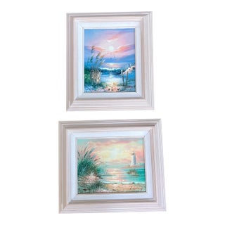 1970’s Vintage Impressionist Florida Beach Scene Seascape Paintings Original Frames Signed - Set of 2 For Sale