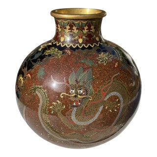 Exceptional Antique Japanese Cloisonné Vase – Brown Gold Fleck (Aventurine) Dragon Motif – Meiji Period Artistry For Sale