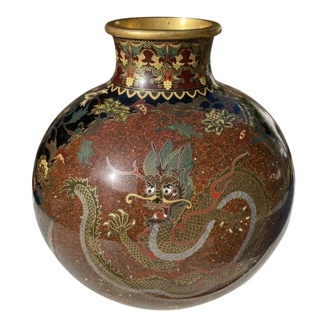 Exceptional Antique Japanese Cloisonné Vase – Brown Gold Fleck (Aventurine) Dragon Motif – Meiji Period Artistry For Sale