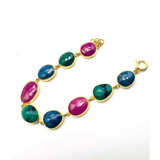 Gemstone Bochic "Rough Cut" Natural Emeralds, Sapphires & Rubies Set In 18K Gold & Silver For Sale - Image 7 of 18