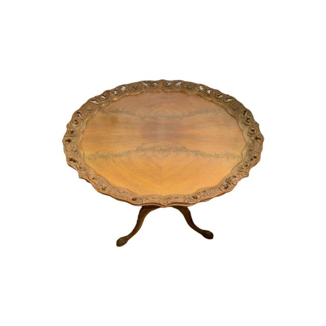 Mid Century Chippendale style 30" Round Pie Crust Accent Table. Hand carved pie crust trim, pedestal and legs. Walnut with...
