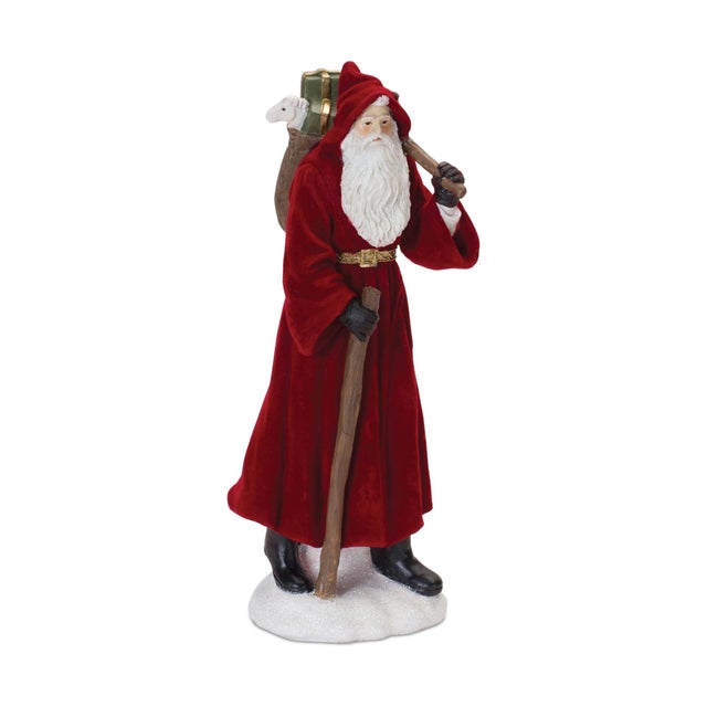 Modern Flocked Santa Figurine with Hood and Staff (Set of 2) For Sale - Image 3 of 5