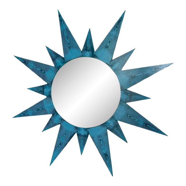 Custom Made Hand Painted Starburst Mirror in Absolute Blue Faux Bois For Sale
