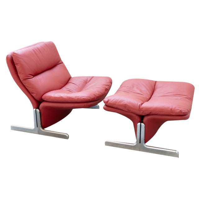 Set of Lounge Chair and Footrest in Red Leather by Vitelli e Ammannati for Brunati, 1970s-1980s For Sale