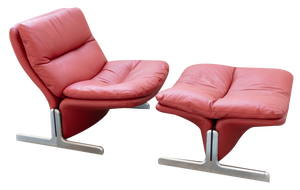 Set of Lounge Chair and Footrest in Red Leather by Vitelli e Ammannati for Brunati, 1970s-1980s