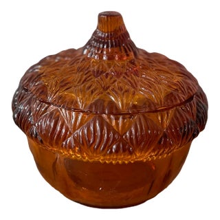 Vintage Williams Sonoma Amber Glass Lidded Acorn Dish For Sale