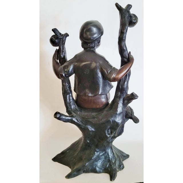 Brown Vintage 20th C Boy & Bird on Apple Tree Bronze Sculpture For Sale - Image 8 of 10