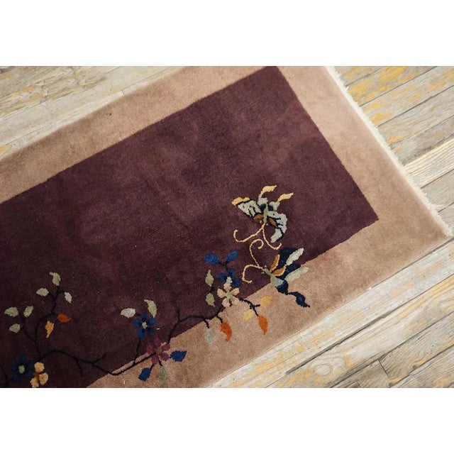 1920s Splendid Plum Ground Flower Design Antique Chinese Art Deco Knotted Rug For Sale - Image 4 of 13