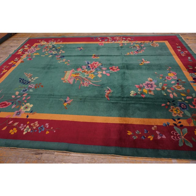 1920s Green Floral Antique Chinese Art Deco Rug 9' X 11'8" Handknotted Wool Carpet For Sale - Image 13 of 13