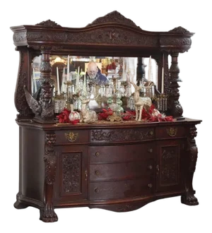 Monumental Antique Rj Horner Heavily Figural Winged Griffin Carved Oak Sideboard, Attributed