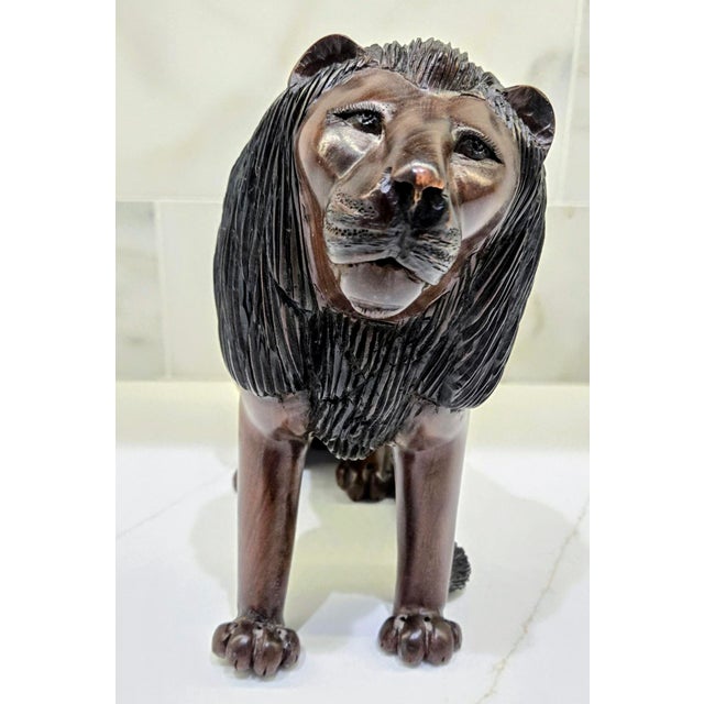 African Vintage African Hand-Carved Hardwood Lion Sculpture by Nguma For Sale - Image 3 of 10