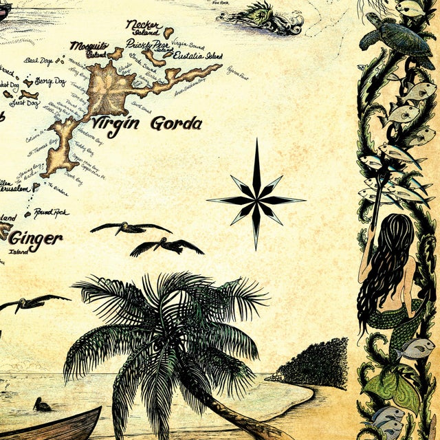 Hand-Drawn Virgin Islands Nautical Chart - 30" X 44" Framed Canvas For Sale - Image 9 of 15