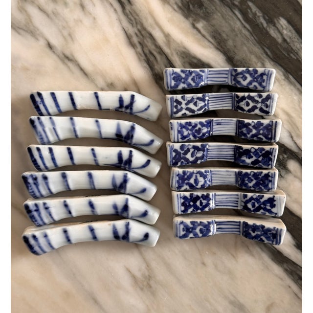 Blue Mid-Century Asian Blue & White Fine Porcelain Knife Rests - A Baker’s Dozen For Sale - Image 8 of 18