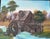 This vintage oil painting depicts a charming rustic water mill set within a peaceful countryside landscape. The scene...