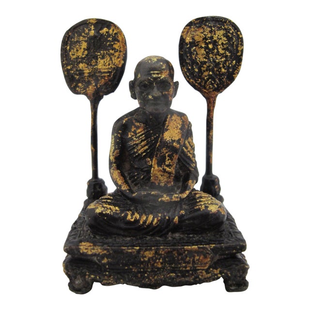 Thai Antique Gold Leaf Bronze Luang Phor Ngern Buddhist Monk Amulet Figurine For Sale