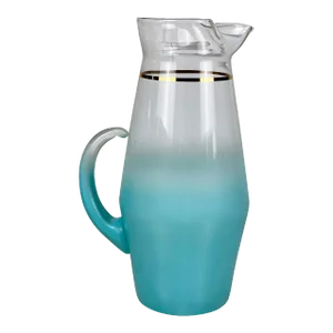 Mid-Century Atomic Turquoise Blue Blown Glass Ewer Pitcher