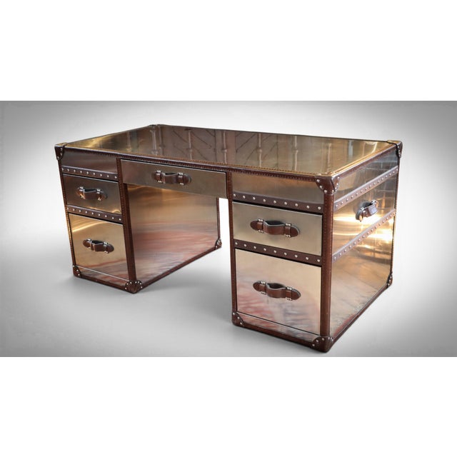 Up for grabs here is an absolutely stunning large desk by timothy oulton halo in very rare brushed steel and vintage cigar...