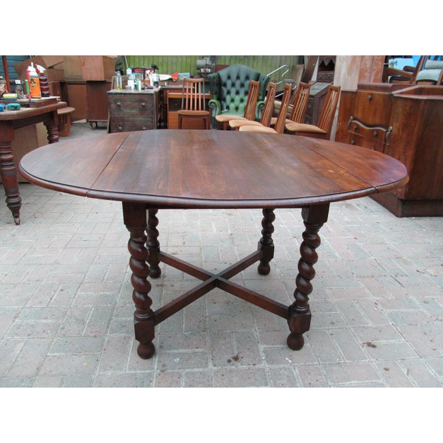 Wood Antique 1920s English Oak Barley Twist Drop-Leaf Dining Table For Sale - Image 7 of 8