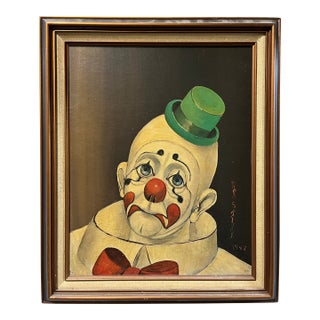 Vintage Red Skelton Clown Portrait Painting Print, Canvas on Wood, 1972 For Sale