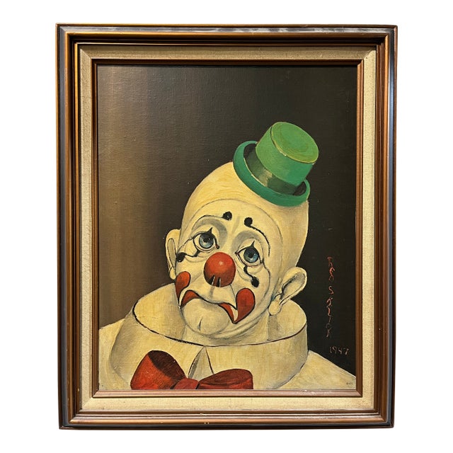 Vintage Red Skelton Clown Portrait Painting Print, Canvas on Wood, 1972 For Sale