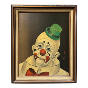 Vintage Red Skelton Clown Portrait Painting Print, Canvas on Wood, 1972