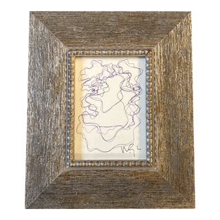 1980’s Vintage Original Wayne Cunningham Small Abstract Ink Drawing Distressed Finish Frame For Sale