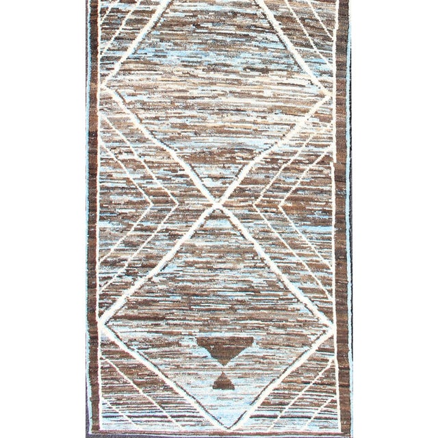 Modern Runner in Brown, Lt. Blue Tones With Diamond & Geometric Design 2'10 X 9'6 For Sale - Image 4 of 12