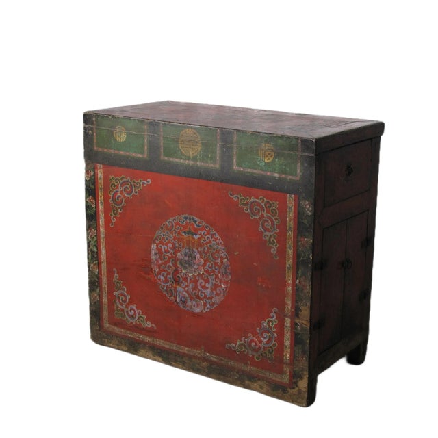 Hand Painted Flower Wreath Antique Gansu Tibetan Cabinet For Sale - Image 4 of 12