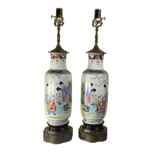 Antique Pair of Table Lamps Chinoiserie Porcelain Vases Newly Electrified