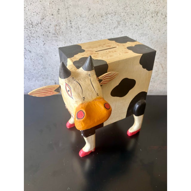 American Vintage Hand Painted Folk Art Cow Bank Whimsical Wood Animal Sculpture For Sale - Image 3 of 8