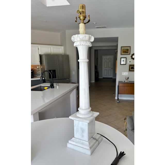 Alabaster 1960s Tall Italian Column Neoclassic Alabaster Table Lamps - a Pair For Sale - Image 8 of 18