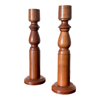 Vintage Midcentury Pair of Hand Turned Wooden Candlesticks 13” Height For Sale