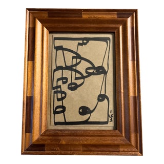 Contemporary Original Wayne Cunningham Abstract Marker Drawing Inlaid Wood Tabletop Frame For Sale