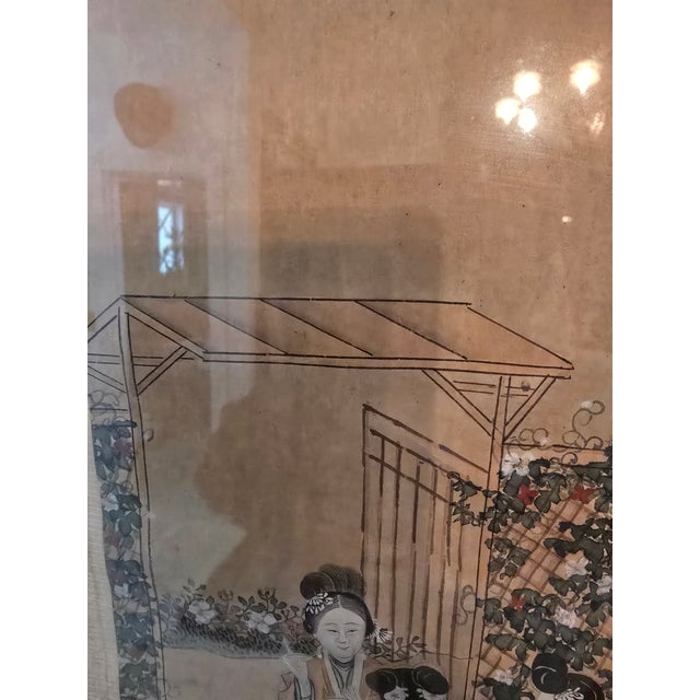 Celadon Antique Chinese Pre Mid Century Painting Asian Life For Sale - Image 8 of 12
