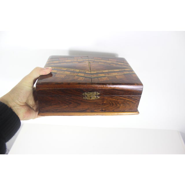 Antique Wood Inlay Box, Hinged Lid Exotic Wood, Brown Inlaid Trinket, Jewelry For Sale - Image 9 of 12