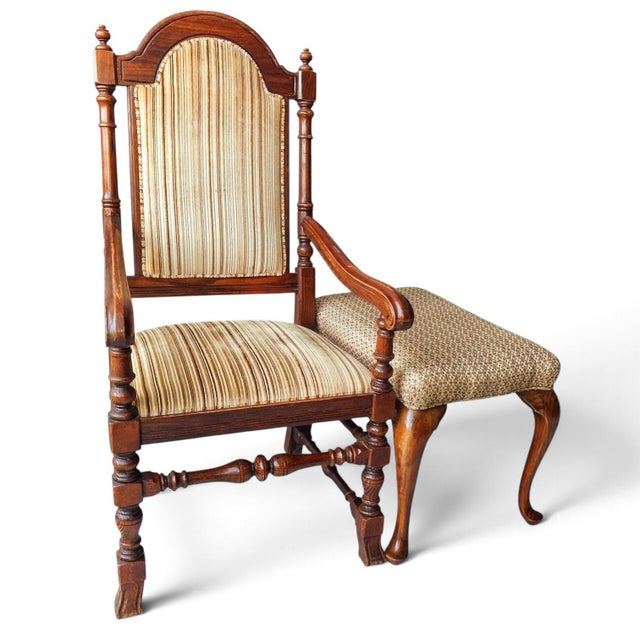 Vintage Carved Oak Armchair & Matching Ottoman Set For Sale - Image 11 of 12