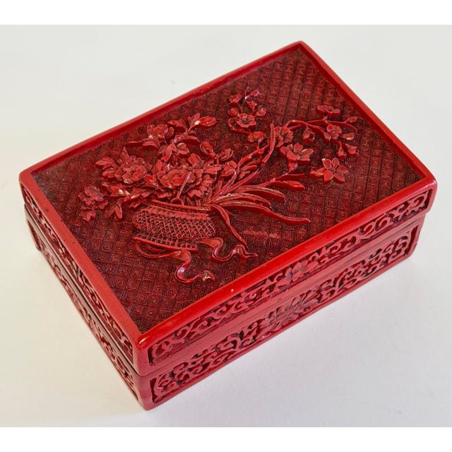 Chinoiserie Vintage Chinese Hand-Carved Cinnabar Lacquer Box For Sale - Image 3 of 10