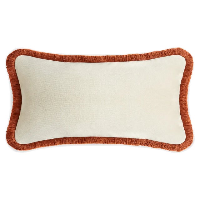 White Velvet With Brick Fringes Rectangle Happy Pillow from Lo Decor For Sale