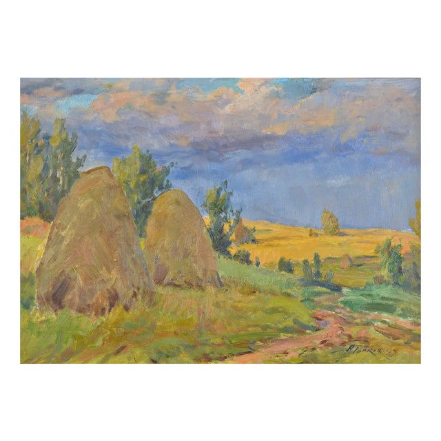 Arnolds Pankoks, Landscape with Haystacks, Oil on Cardboard, 1990s For Sale