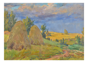 Arnolds Pankoks, Landscape with Haystacks, Oil on Cardboard, 1990s