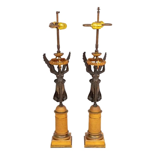 Pair of French Empire "Winged Victory" Bronze Lamps For Sale