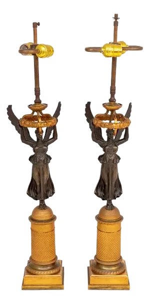 Pair of French Empire "Winged Victory" Bronze Lamps
