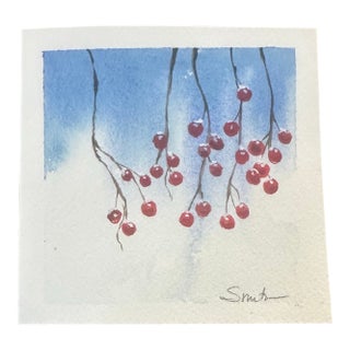 “Winter Berries” Original Miniature Watercolor Painting by Nancy Smith For Sale