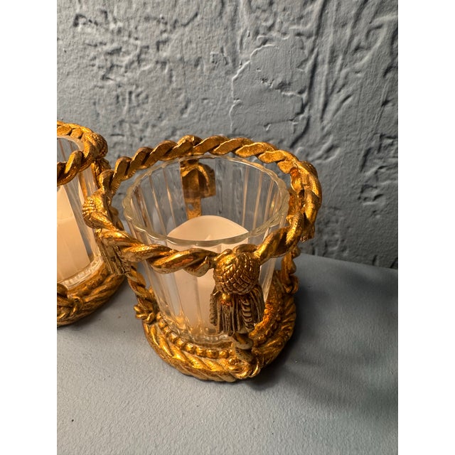 French 1960s Pair of Gilt Metal Rope & Tassel Votive Holders With Glass Inserts For Sale - Image 3 of 4