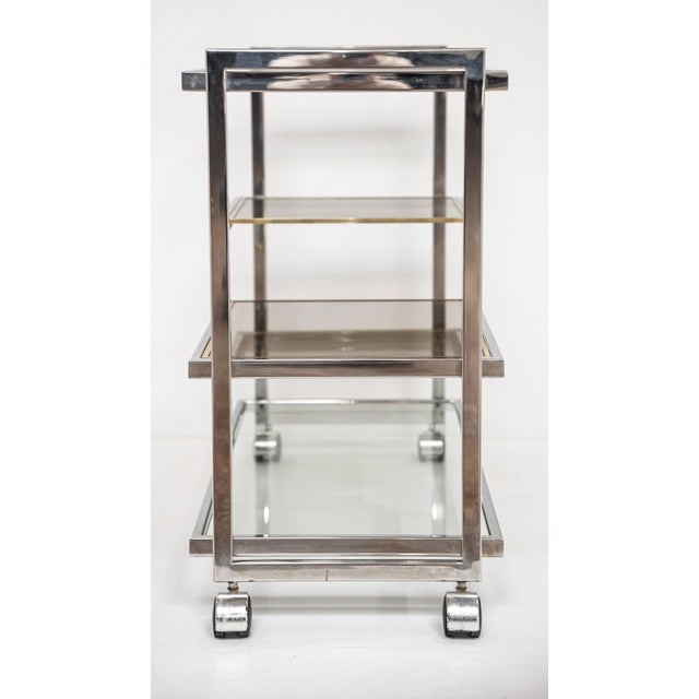 Metal Italian Modern Drinks Cart or Bar Trolley of Chrome and Brass For Sale - Image 7 of 15