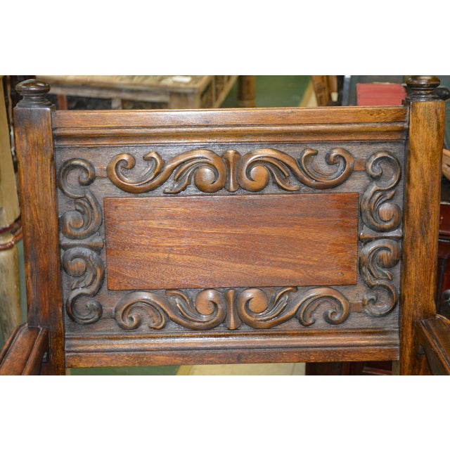 Antique Elgin a Simonds Dark Oak Wood Wainscot Side / Dining Chair W/ Arms & Carved Back For Sale - Image 10 of 18